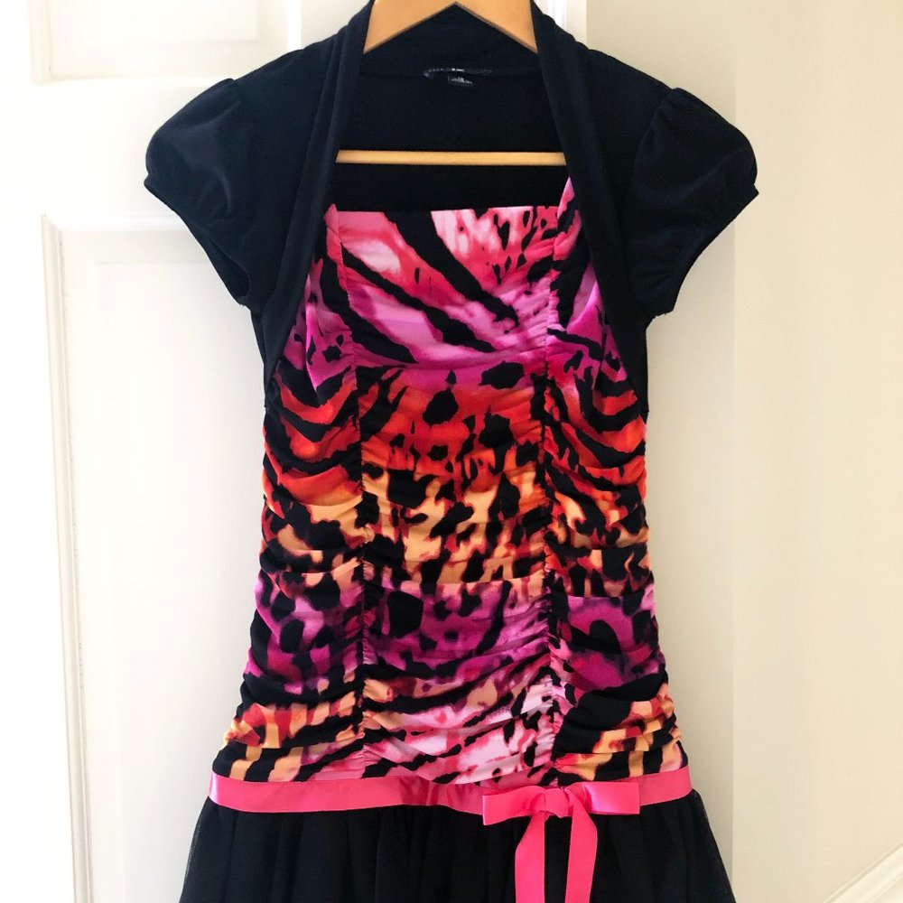 IZ Byer California Girl's Short Sleeve Formal Party Black Pink Bolero Dress Sz12